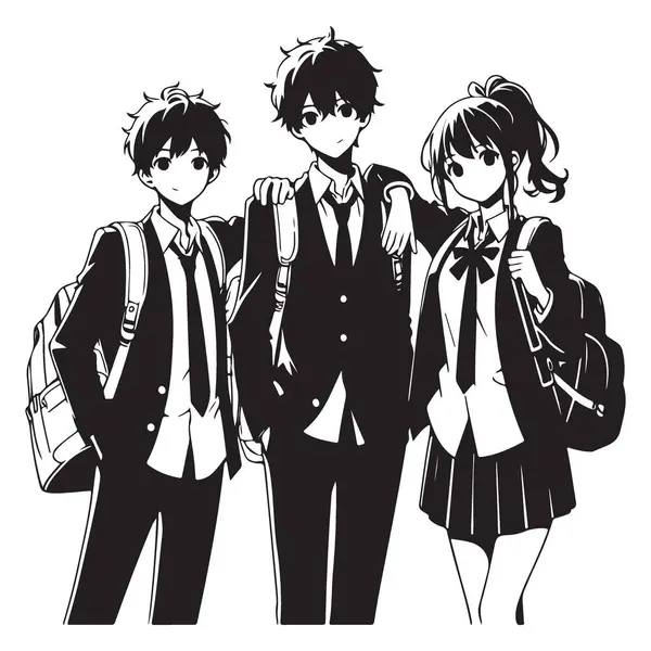 Anime Okulu Öğrencileri Siluet Çizimi Genç Vektör Sanatı