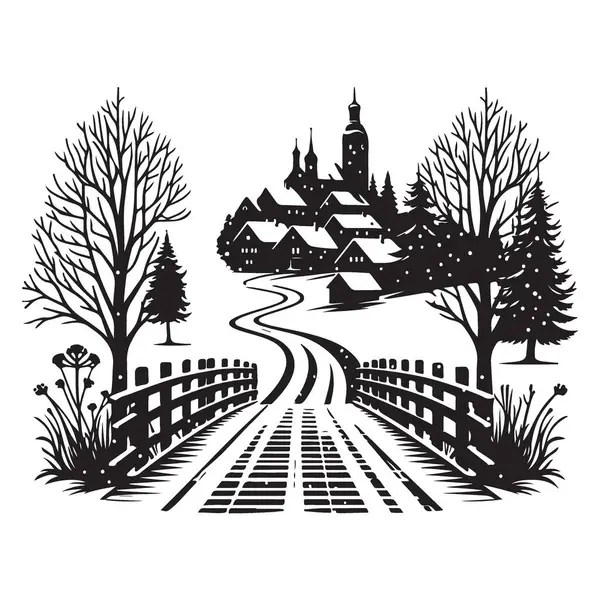 Huzurlu Kış Köyü Silueti Karlı Yol ve Konforlu Evler