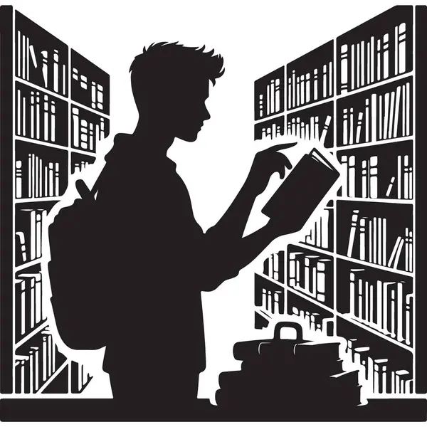 Kütüphane eğitimi vektörü illüstrasyonunda kitap okuyan bir öğrencinin silüeti