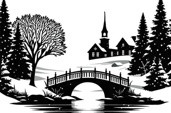 Kış manzarası çizimi. Kar manzaralı sakin köprü.