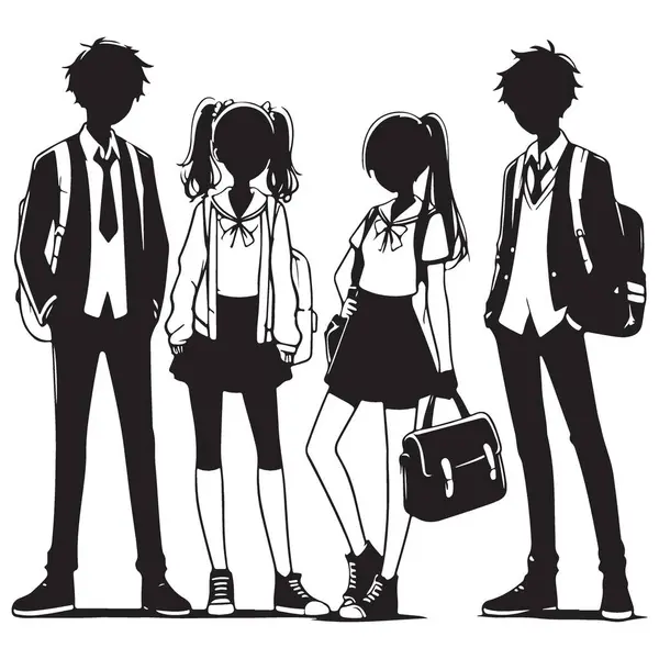 Üniformalı Asyalı lise öğrencilerinin silueti Vektör İllüstrasyonu