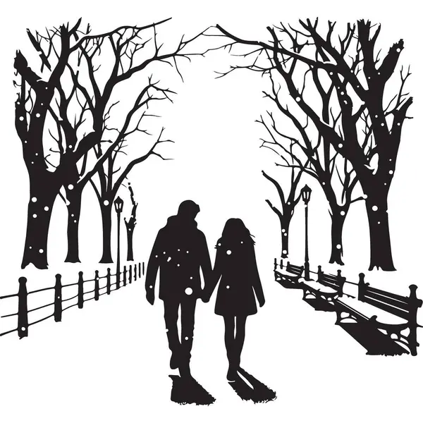 Romantik Çift Kış Parkı 'nda Yürüyor Siluet Vektör İllüstrasyonu