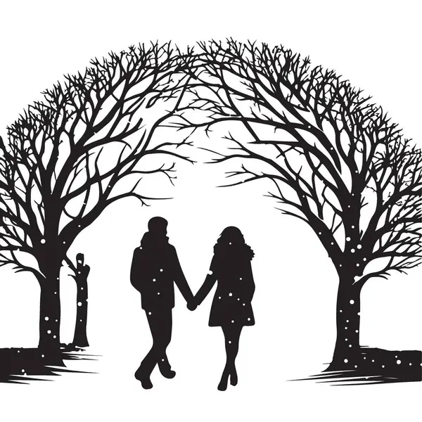 Kışın Ağaçların Altında Yürüyen Romantik Çift Görüntü Sanatı