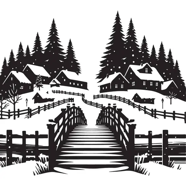Siluet Kış Köyü Karlı Köprü Vektör Manzara Çizimi Tasarımı