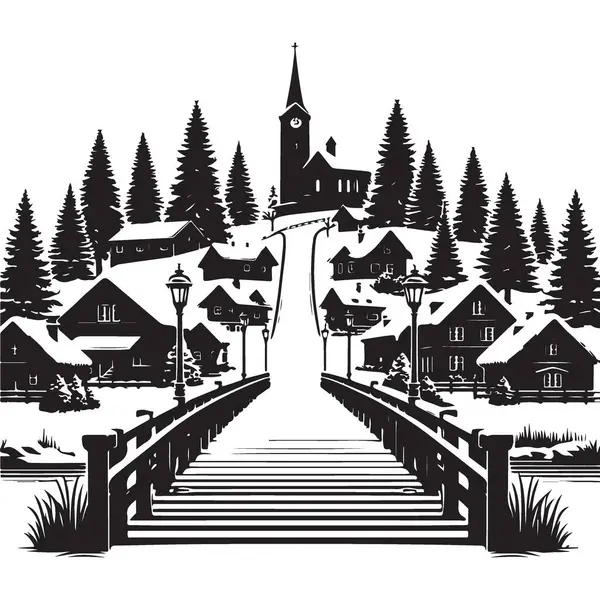 Kış Köyü Sahne Vektörü Görüntü: Kilise ve Köprü