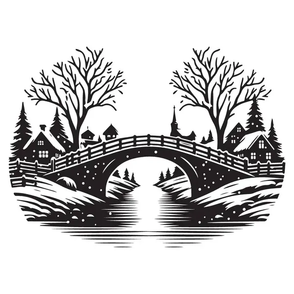 Kar Altlı Köprü Silueti Resimli Kış Köyü Sahnesi