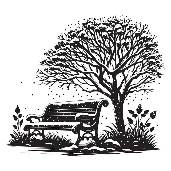 Kış Sahnesi Siluet Benç ve Karlı Ağaç Vektör Sanatı