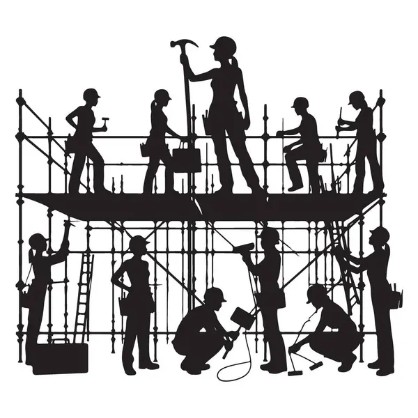 Kadın İnşaat İşçilerinin Silueti Takım Vektör İllüstrasyonu