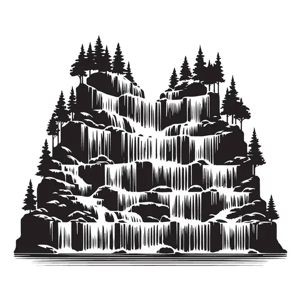 Şelale Şelalesi Silueti Dağ Manzarası Doğa Vektörü Grafiksel