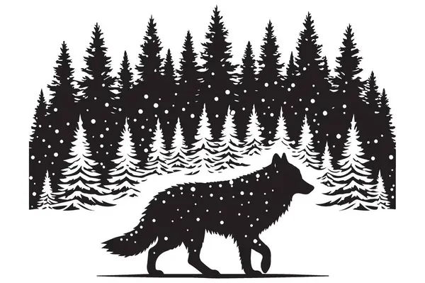 Karlı Çam Ormanı 'nın ortasında Görkemli Kurt Silueti Vektörü