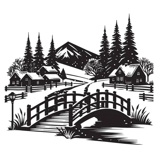 Kış Manzarası Köyü Siluet Vektörü Görüntü Köprüsü Sahnesi