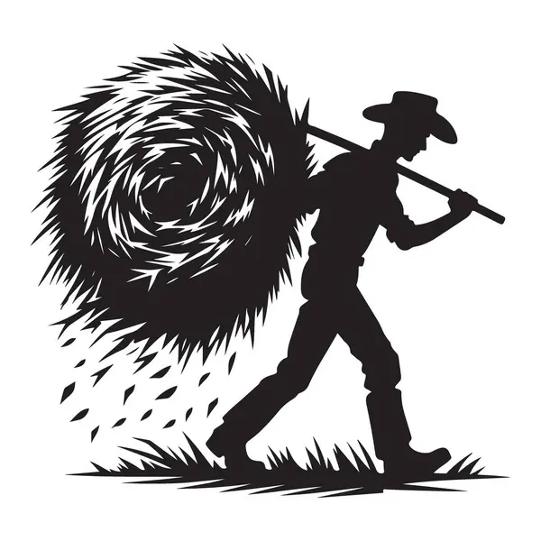 Siluet Çiftçisi Hay Bale İllüstrasyon Taşıma Tarım Vektörü Tasarımı