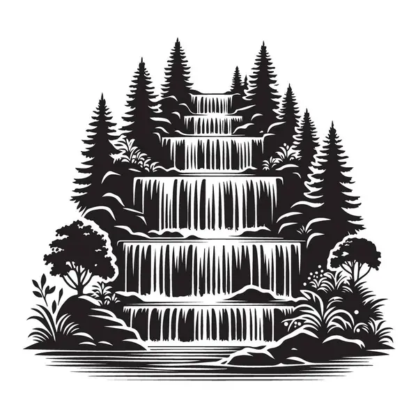 Şelale Şelalesi Kuru Bir Orman Vektörü Silueti Çiziminden Geçiyor