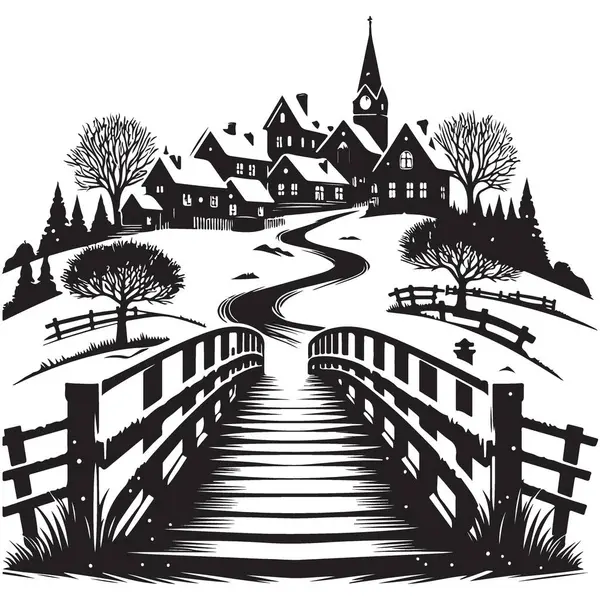 Kış köyü manzara silueti köprü illüstrasyon vektör resmi