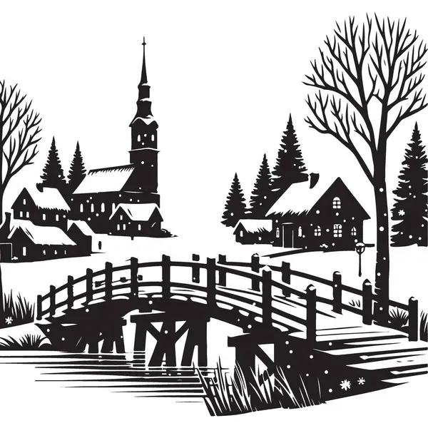 Kış Köyü Sahnesi Siluet Vektörü Köprü ve Kilise Grafikleri
