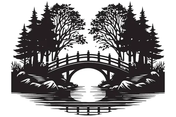Resimli köprü illüstrasyon silüeti doğa manzarası ve yansıma vektörü