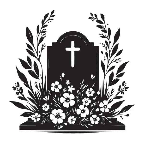 Anma töreni için çiçekli mezar taşının siluet vektörü