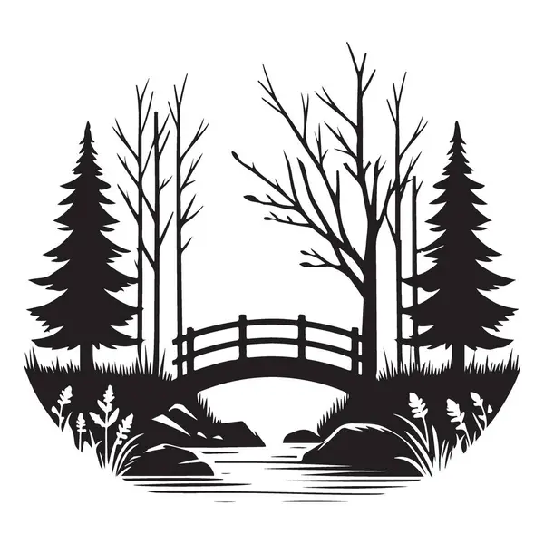 Manzaralı Köprü Ormanı Çizim Vektörü Siyah ve Beyaz Tasarım