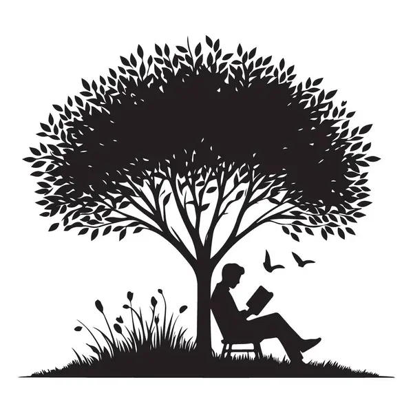 Ağacın Altında Kitap Okuyan Adam Siluet Vektör İllüstrasyonu