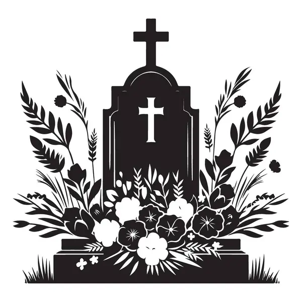 Gravstone Silueti ve Çiçekler Hatıra Vektörü İllüstrasyon Tasarımı