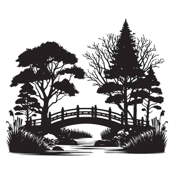 Huzurlu Japon Bahçesi Köprüsü Siluet Çizimi Manzarası