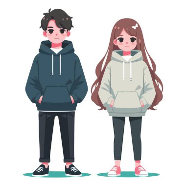 Sıradan pozlarda kapüşonlu kapüşon giyen sevimli anime çizimleri.