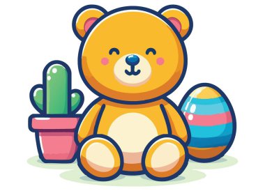 Kaktüs ve Paskalya Yumurtası Tasarımı ile Şirin Oyuncak Ayı Çizimi