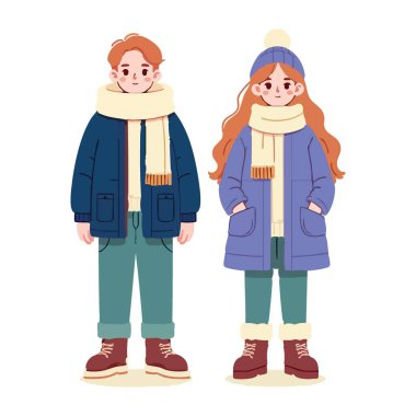 Kışlık Kıyafet İllüstrasyonunda Sıcak Atkı ve Şapka Giyen Çift