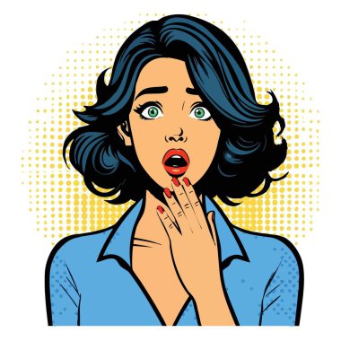 Şaşırmış kadın pop sanat ifadesi şok illüstrasyon vektörü gösteriyor