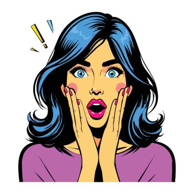 Şaşırmış kadın pop sanatının vektör illüstrasyonunu gösteriyor.