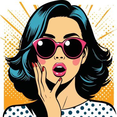 Şok İfade İllüstrasyonlu Güneş Gözlüğü Giyen Pop Art Woman