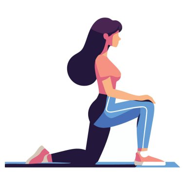 Diz çökmüş ve esnemiş Kadın Spor ve Sağlık Çizimleri