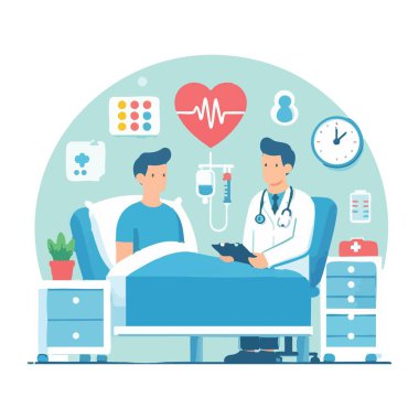 Hastane yatağında yatan hastayı muayene eden doktor sağlık yardımı ve desteği