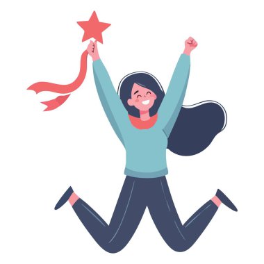 Başarılı bir kadın bir yıldız tutuyor ve vektör resimlemesi yapıyor.