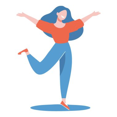 Kolları açık ve dans eden vektör çizimi olan mutlu kadın.