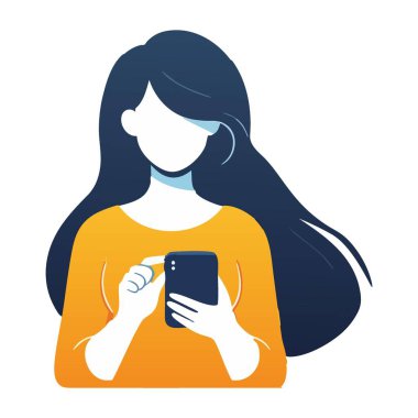 Dijital konseptli cep telefonu illüstrasyonu kullanan bir kadın
