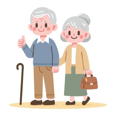 Gülümseyen Yaşlı Çift Cane ve Çantalı Vektör Resimleri