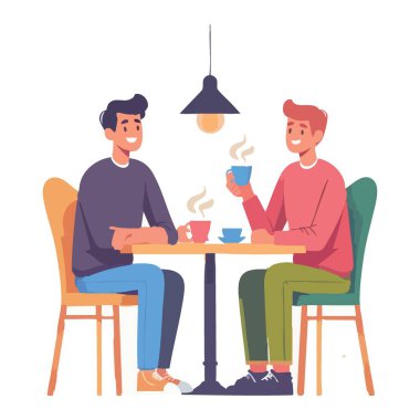 İki adam kahvede oturup kafede yemek yiyor..