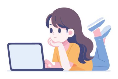 İnternette eğitim için dizüstü bilgisayar kullanan kız yüzüstü yatıyor.