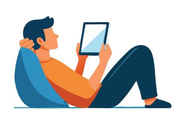 Tabletle Rahatlayan Adam Dijital İçerik Resmetme Vektörünün keyfini çıkarıyor