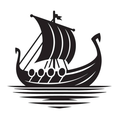 Yelkenli Vektör Sanat Tasarımlı Viking Gemi Silueti Çizimi