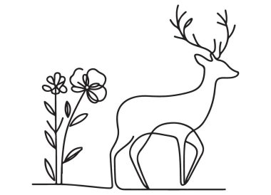 Çiçek Silueti Tek Satır Sanat Vektörlü Zarif Geyik