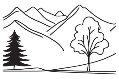 Ağaçlar Doğa ve Açık Hava Vektörüyle Manzaralı Dağ Manzarası Çizimi