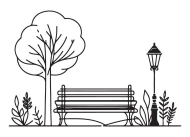 Serene Park Bench Sahnesi Ağaç ve Lamba Postası İllüstrasyonu