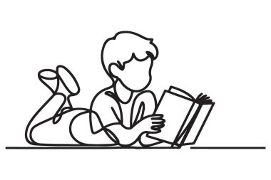 Çocuk Yaslanmış Konumda Kitap Okuyor Bir Satır Resim Sanatı