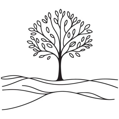 Ayrıntılı Ağaç Silüeti ve Yaprak Vektörü Grafik Çizimi