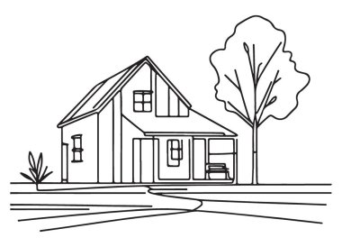 Basit Tarlada Ağaçlı Çiftlik Evi Çizgisi Sanat Resimleri