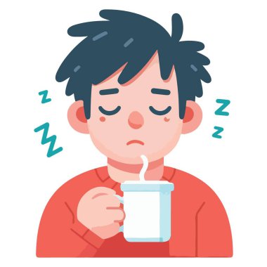 Uykucu kişi sabah vektör illüstrasyonunda kahve içiyor.
