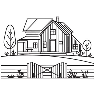 Çit ve Ağaçlar Vektörüyle Kırsal Çiftlik Manzarası Çizimi