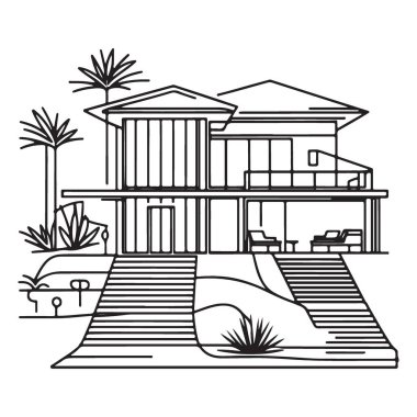 Lüks Villa Vektör İllüstrasyon Grafik Tasarım Palmiye Ağacı Tropikal